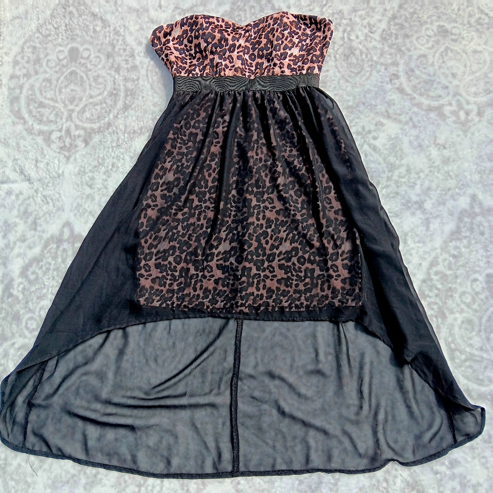 Strapless Leopard Print Dress with Black Overlay